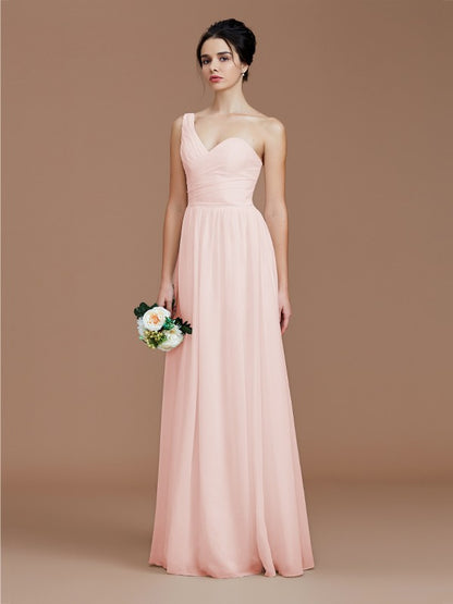 A-Line/Princess One-Shoulder Sleeveless Ruched Floor-Length Chiffon Bridesmaid Dresses