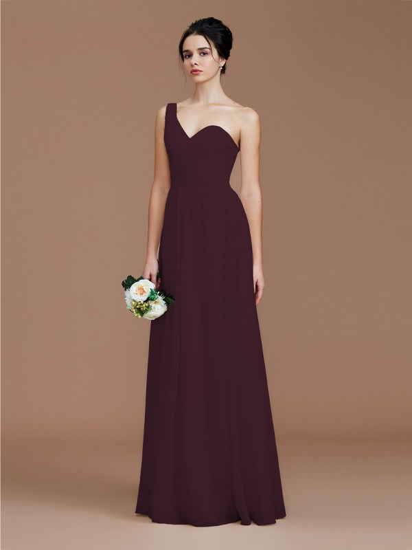 A-Line/Princess One-Shoulder Sleeveless Ruched Floor-Length Chiffon Bridesmaid Dresses