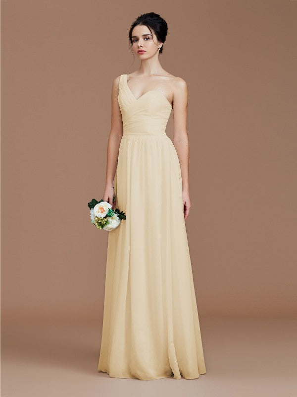 A-Line/Princess One-Shoulder Sleeveless Ruched Floor-Length Chiffon Bridesmaid Dresses