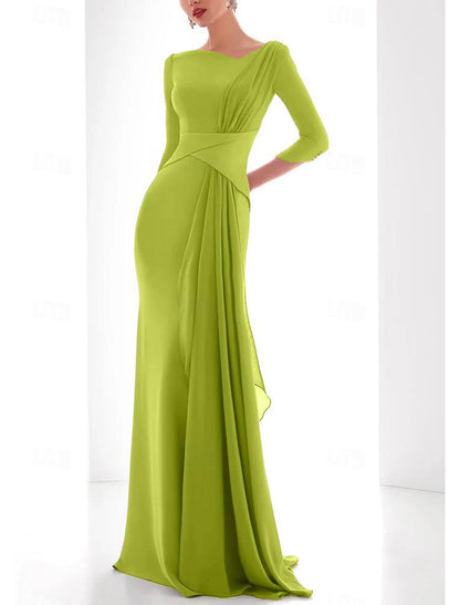 Gown Elegant Formal Fall Floor Length 3/4 Length Sleeve V Neck Chiffon with Ruched Ruffles Evening Dress