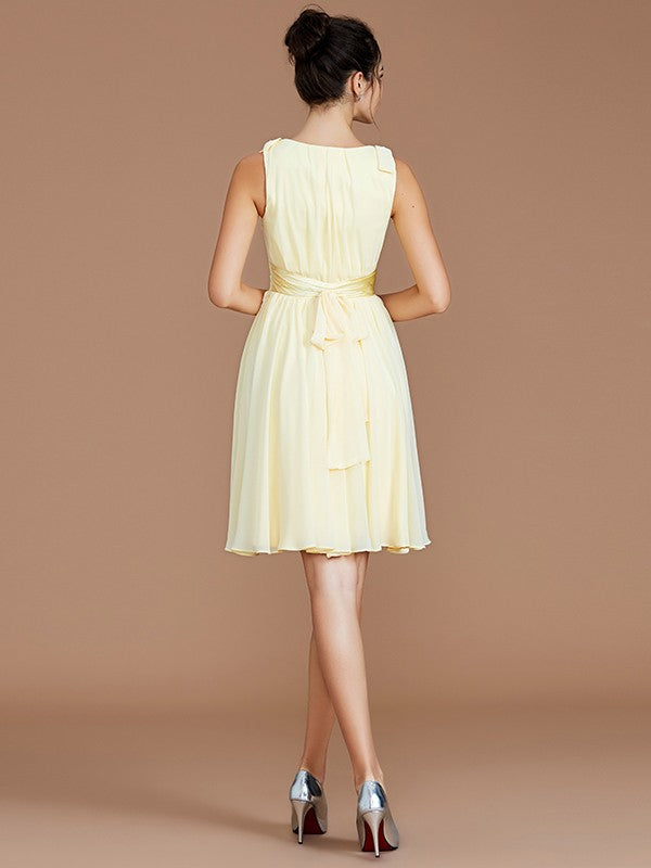 A-Line/Princess V-neck Sleeveless Sash/Ribbon/Belt Short/Mini Chiffon Bridesmaid Dresses