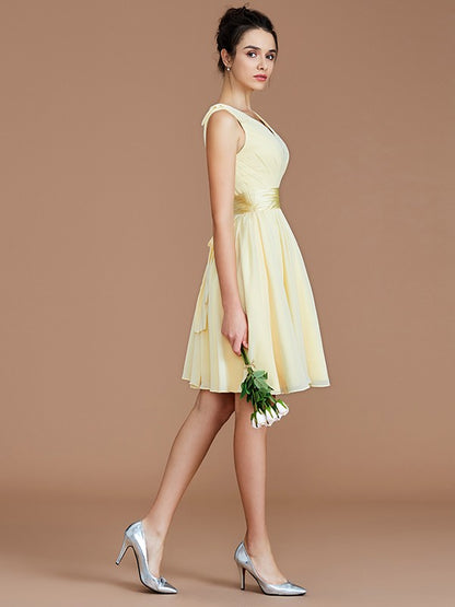 A-Line/Princess V-neck Sleeveless Sash/Ribbon/Belt Short/Mini Chiffon Bridesmaid Dresses