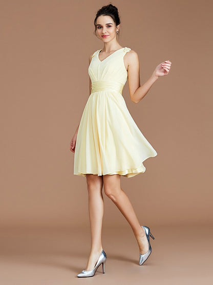 A-Line/Princess V-neck Sleeveless Sash/Ribbon/Belt Short/Mini Chiffon Bridesmaid Dresses