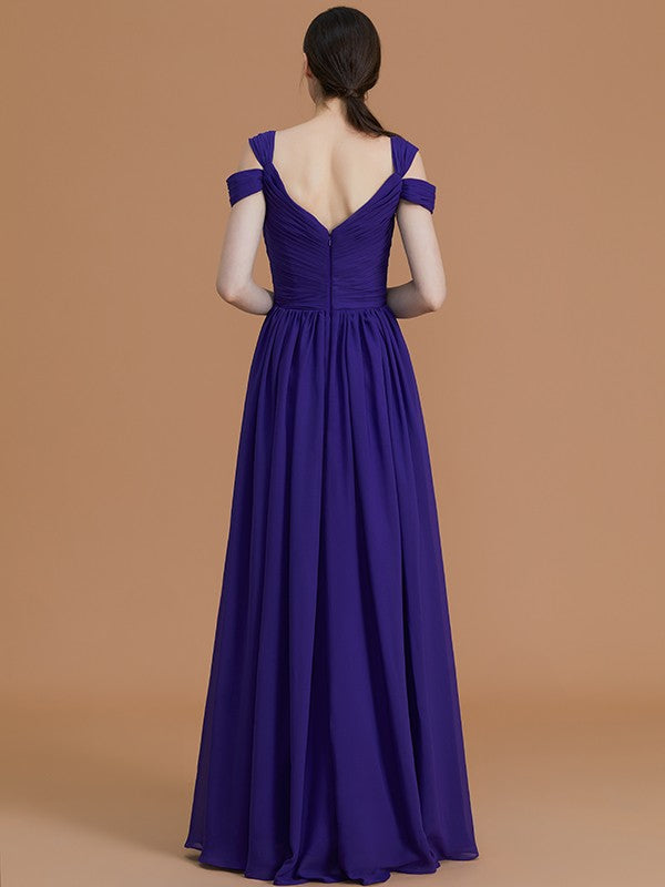 A-Line/Princess Off-the-Shoulder Sleeveless Floor-Length Ruched Chiffon Bridesmaid Dresses