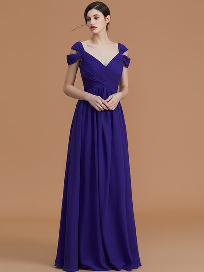 A-Line/Princess Off-the-Shoulder Sleeveless Floor-Length Ruched Chiffon Bridesmaid Dresses