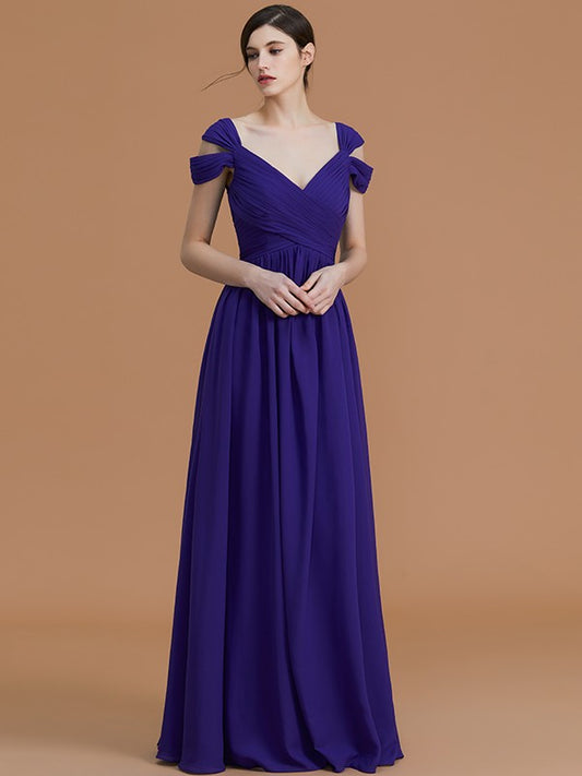 A-Line/Princess Off-the-Shoulder Sleeveless Floor-Length Ruched Chiffon Bridesmaid Dresses