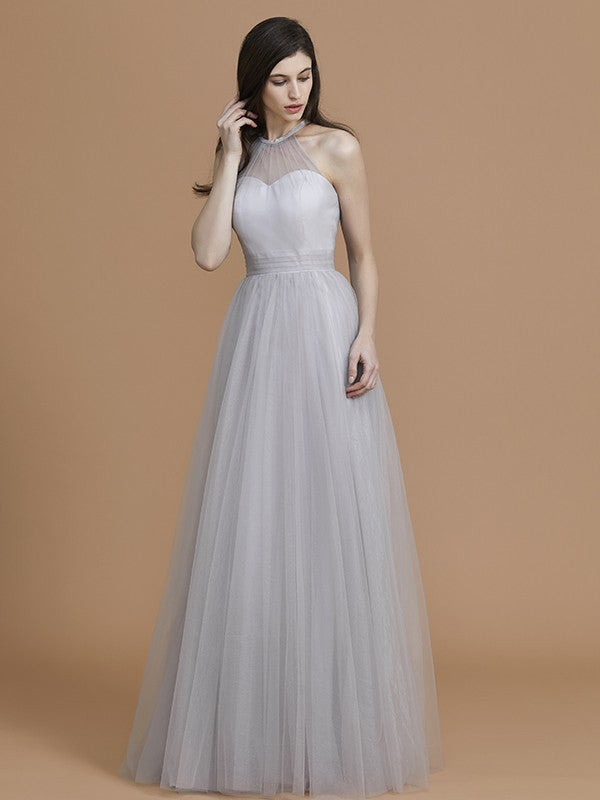 A-Line/Princess Halter Sleeveless Floor-Length Ruffles Tulle Bridesmaid Dresses