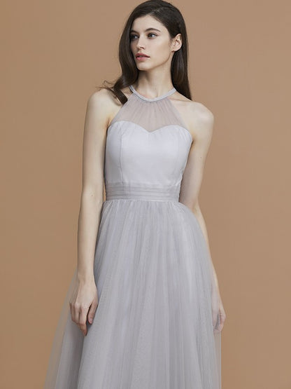 A-Line/Princess Halter Sleeveless Floor-Length Ruffles Tulle Bridesmaid Dresses