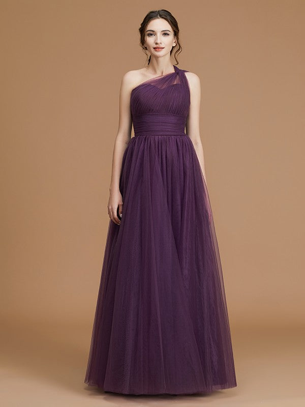 A-Line/Princess One-Shoulder Sleeveless Floor-Length Ruched Tulle Bridesmaid Dresses