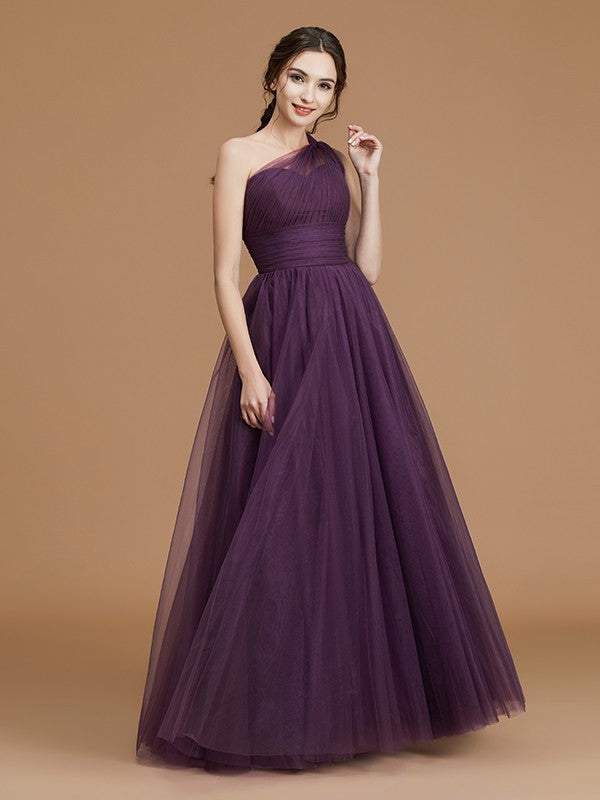 A-Line/Princess One-Shoulder Sleeveless Floor-Length Ruched Tulle Bridesmaid Dresses