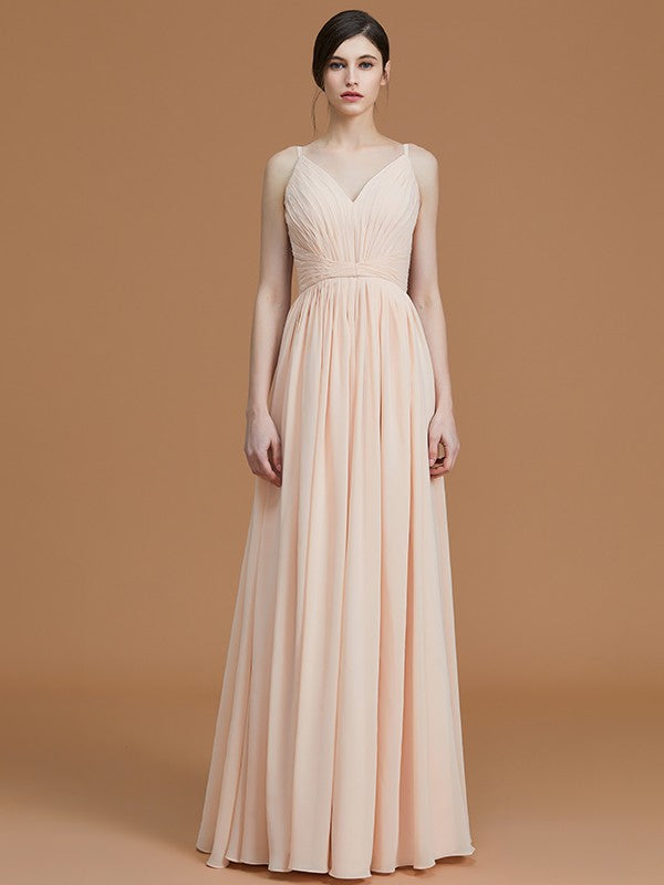 A-Line/Princess V-neck Sleeveless Floor-Length Ruffles Chiffon Bridesmaid Dresses