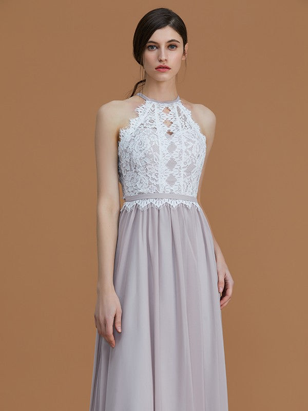 A-Line/Princess Halter Sleeveless Floor-Length Lace Chiffon Bridesmaid Dresses