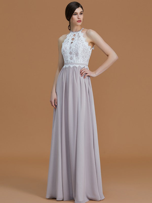 A-Line/Princess Halter Sleeveless Floor-Length Lace Chiffon Bridesmaid Dresses