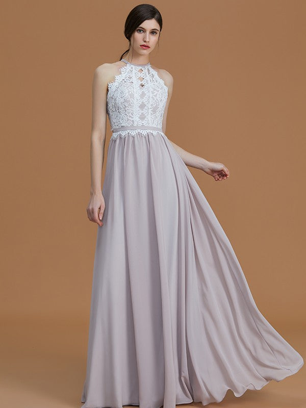 A-Line/Princess Halter Sleeveless Floor-Length Lace Chiffon Bridesmaid Dresses