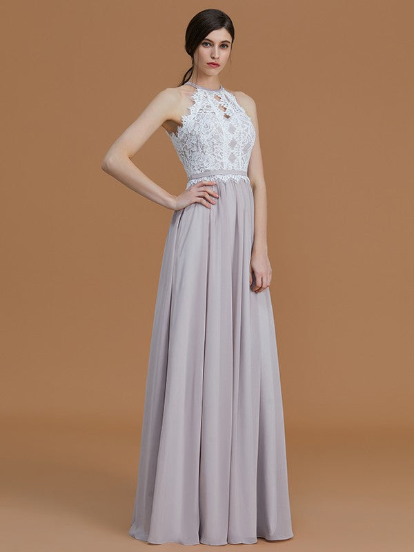 A-Line/Princess Halter Sleeveless Floor-Length Lace Chiffon Bridesmaid Dresses