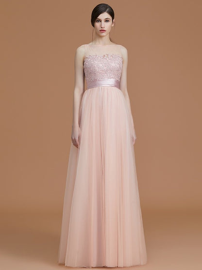 A-Line/Princess Bateau Sleeveless Floor-Length Applique Tulle Bridesmaid Dresses