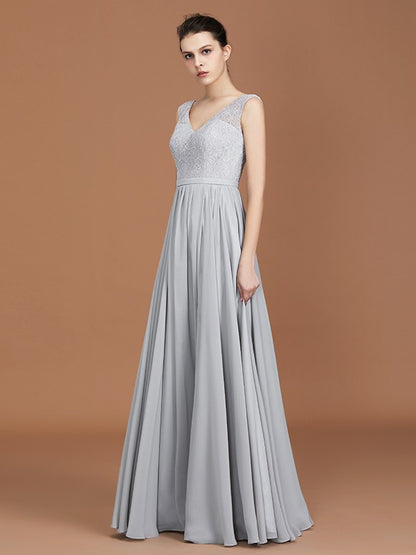 A-Line/Princess V-neck Sleeveless Floor-Length Chiffon Lace Bridesmaid Dress