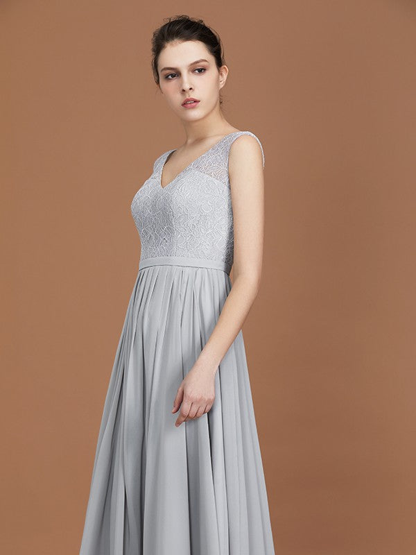 A-Line/Princess V-neck Sleeveless Floor-Length Chiffon Lace Bridesmaid Dress