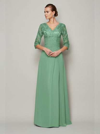 A-Line/Princess V-neck 3/4 Sleeves Lace Long Chiffon Mother of the Bride Dresses