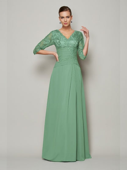 A-Line/Princess V-neck 3/4 Sleeves Lace Long Chiffon Mother of the Bride Dresses