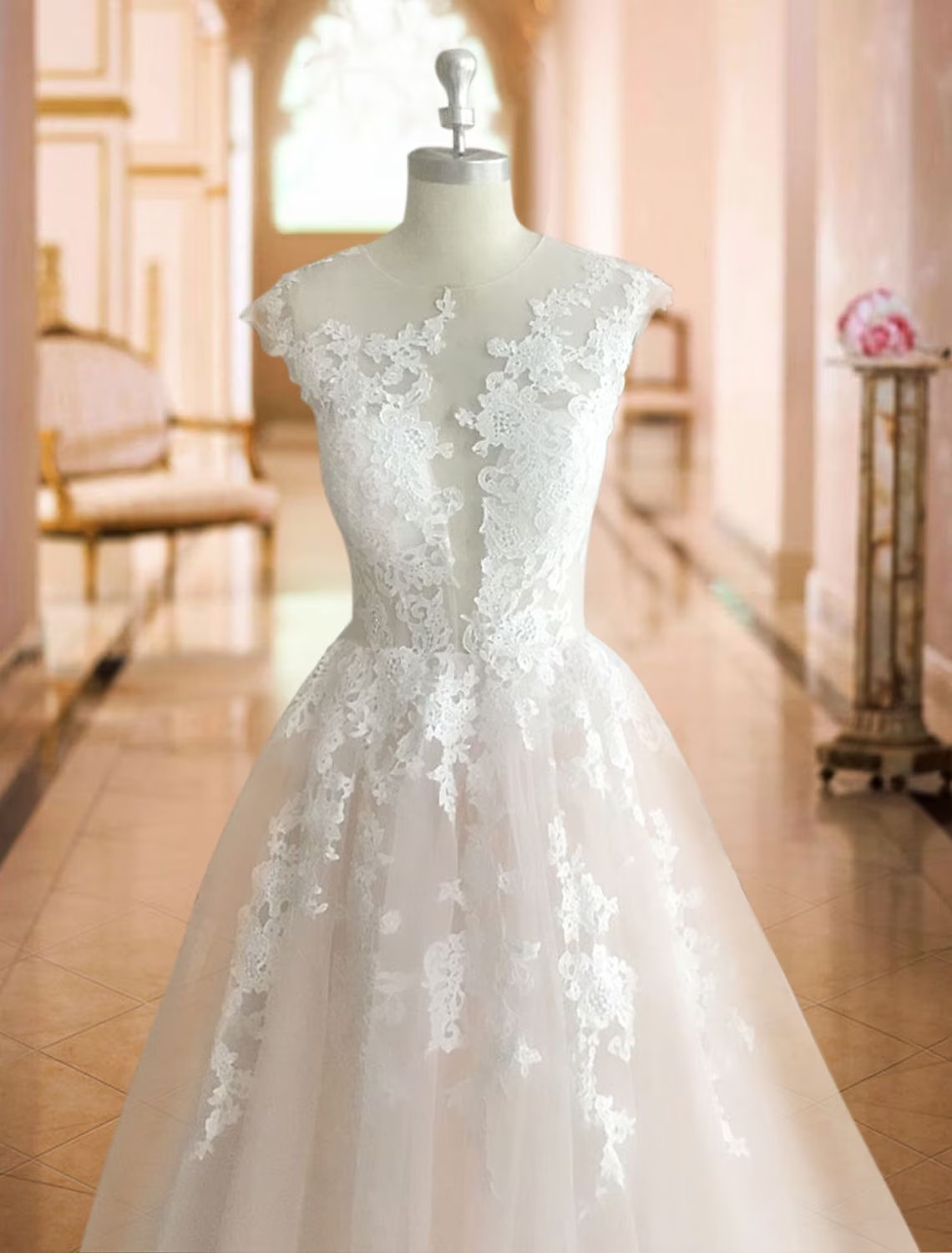 Formal Wedding Dresses Chapel Train Ball Gown Sleeveless Illusion Neck Lace Bridal Suits With Buttons Appliques