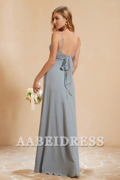 AABEI DRESS Bridesmaid Dresses Chiffon A-Line Sweetheart Spaghetti Straps Pleated Side Fork Floor-Length Elegant Simple Wedding Guests Dresse