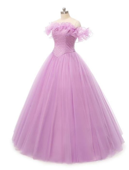 Ball Gown Prom Dresses Puffy Dress Quinceanera Floor Length Sleeveless Off Shoulder Tulle with Pearls Sequin