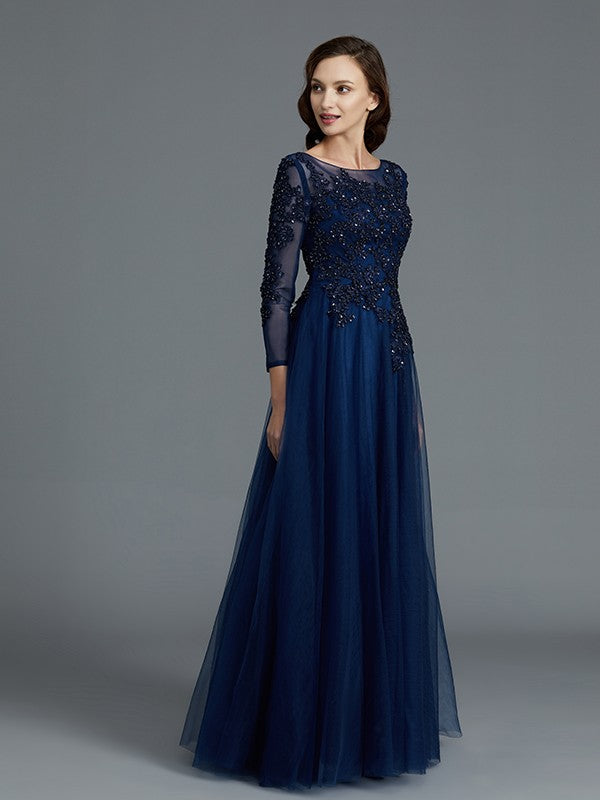 A-Line/Princess Long Sleeves Scoop Beading Floor-Length Tulle Mother of the Bride Dresses