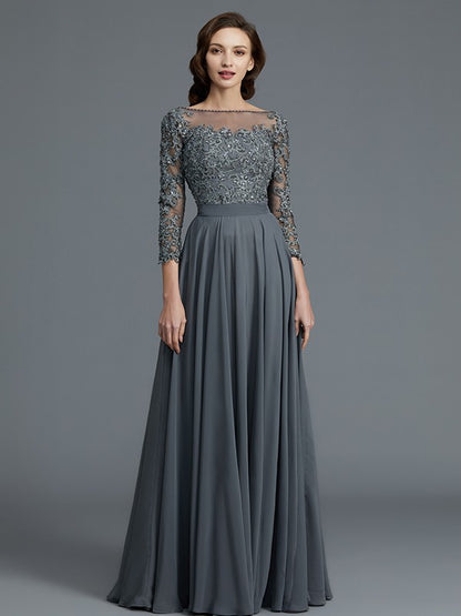 A-Line/Princess 3/4 Sleeves Bateau Floor-Length Chiffon Mother of the Bride Dresses