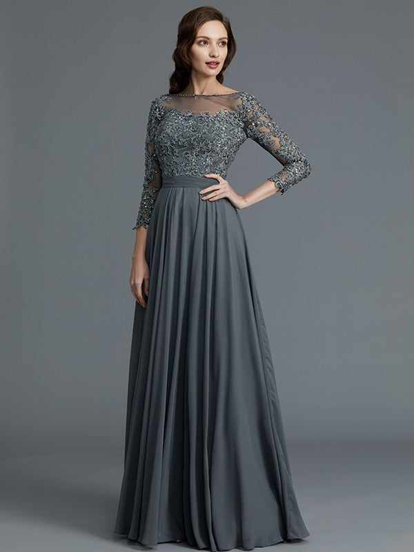 A-Line/Princess 3/4 Sleeves Bateau Floor-Length Chiffon Mother of the Bride Dresses