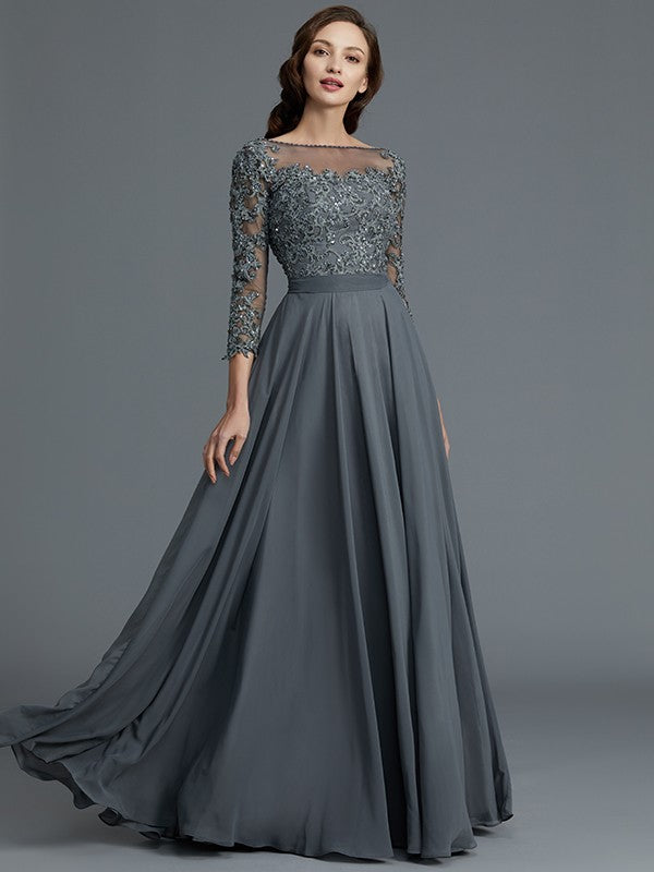 A-Line/Princess 3/4 Sleeves Bateau Floor-Length Chiffon Mother of the Bride Dresses