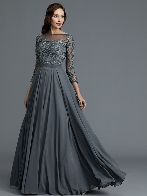 A-Line/Princess 3/4 Sleeves Bateau Floor-Length Chiffon Mother of the Bride Dresses