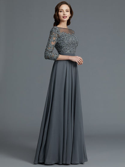 A-Line/Princess 3/4 Sleeves Bateau Floor-Length Chiffon Mother of the Bride Dresses