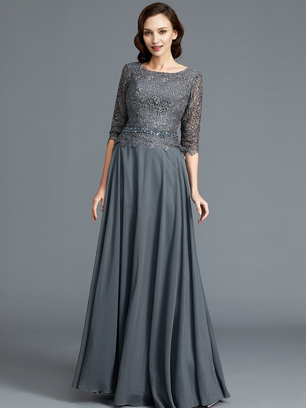 A-Line/Princess Scoop 1/2 Sleeves Chiffon Floor-Length Mother of the Bride Dresses