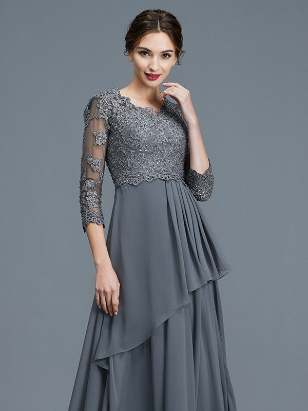 A-Line/Princess V-neck 3/4 Sleeves Ruffles Chiffon Floor-Length Mother of the Bride Dresses