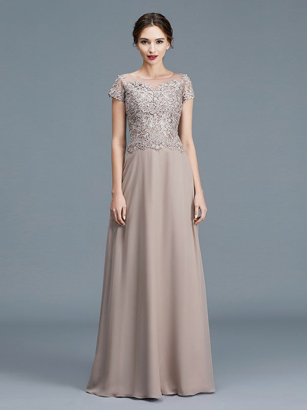 A-Line/Princess Scoop Short Sleeves Applique Floor-Length Chiffon Mother of the Bride Dresses