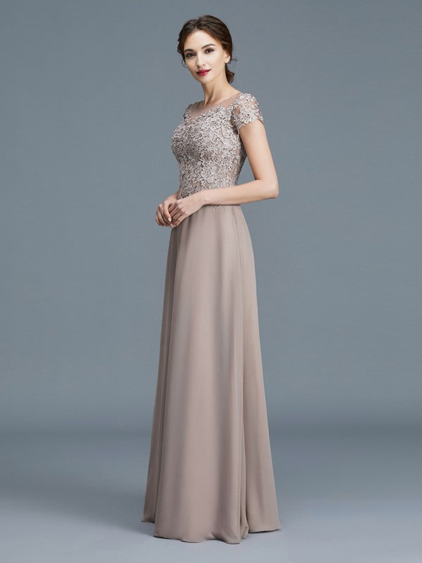 A-Line/Princess Scoop Short Sleeves Applique Floor-Length Chiffon Mother of the Bride Dresses