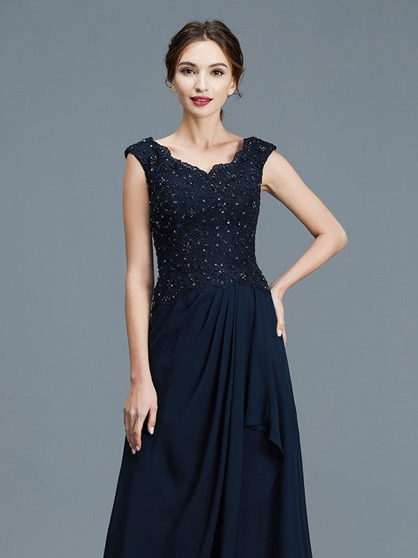 A-Line/Princess V-neck Ruffles Floor-Length Chiffon Sleeveless Mother of the Bride Dresses