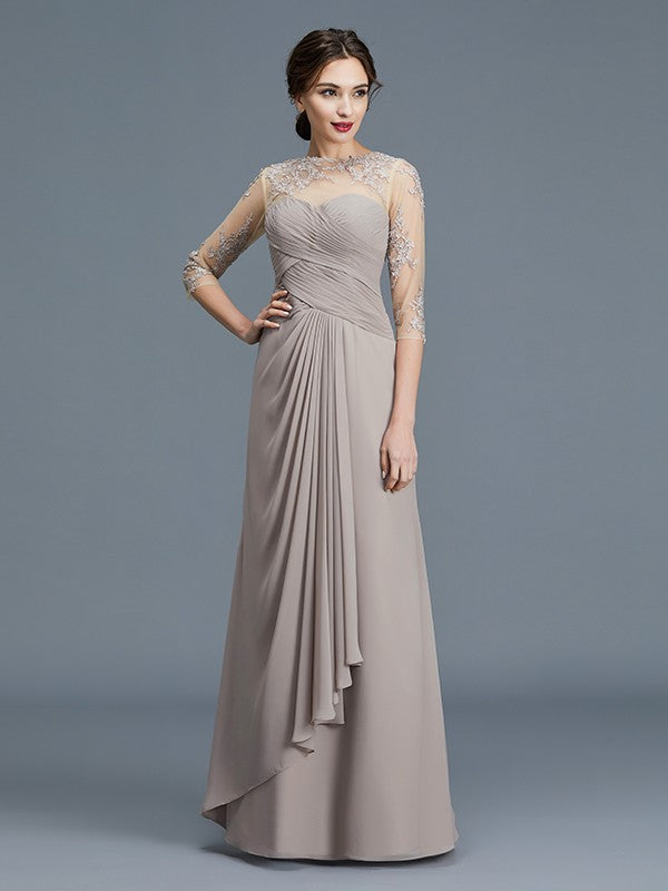 A-Line/Princess Sheer Neck 3/4 Sleeves Ruffles Chiffon Floor-Length Mother of the Bride Dresses