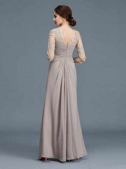 A-Line/Princess Sheer Neck 3/4 Sleeves Ruffles Chiffon Floor-Length Mother of the Bride Dresses