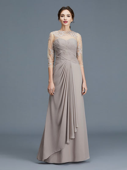 A-Line/Princess Sheer Neck 3/4 Sleeves Ruffles Chiffon Floor-Length Mother of the Bride Dresses