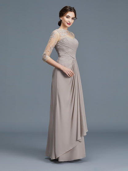 A-Line/Princess Sheer Neck 3/4 Sleeves Ruffles Chiffon Floor-Length Mother of the Bride Dresses