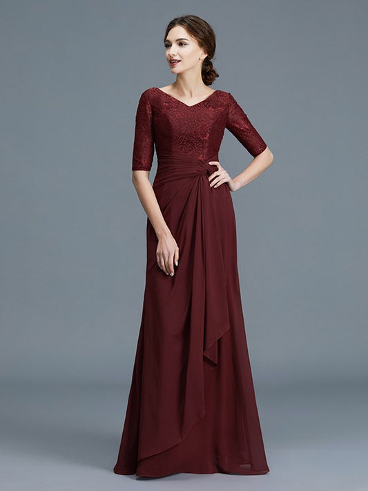 A-Line/Princess V-neck 1/2 Sleeves Ruffles Chiffon Floor-Length Mother of the Bride Dresses