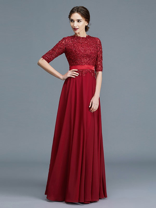 A-Line/Princess Scoop 1/2 Sleeves Chiffon Applique Floor-Length Mother of the Bride Dresses