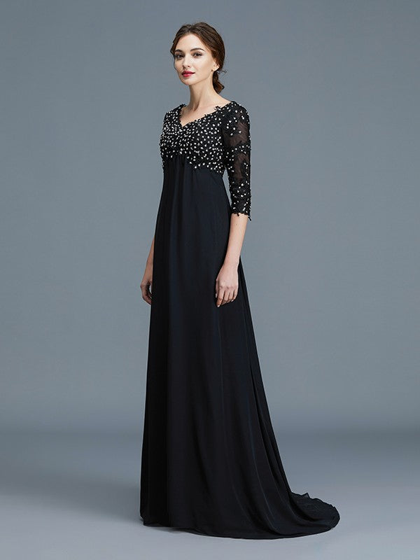 A-Line/Princess V-neck 1/2 Sleeves Beading Chiffon Floor-Length Mother of the Bride Dresses