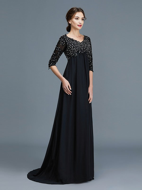 A-Line/Princess V-neck 1/2 Sleeves Beading Chiffon Floor-Length Mother of the Bride Dresses