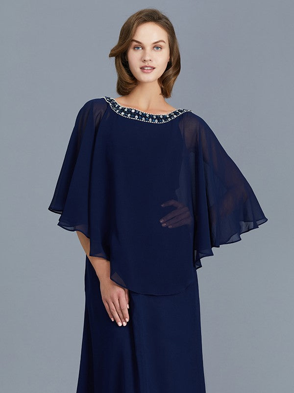 Sheath/Column Scoop Beading Long Sleeves Chiffon Floor-Length Mother of the Bride Dresses