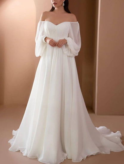 Beach Vintage Off Shoulder Long Sleeve Court Train Chiffon Bridal Gowns With Pleats Beading Wedding Dresses