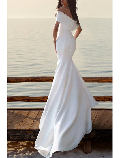 Beach Simple Mermaid / Trumpet Off Shoulder Cap Sleeve Court Train Satin Wedding Dresses Bridal Gowns