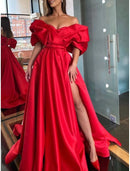 Gown Dress Tie Gala Sweep / Brush Train Half Sleeve Off Shoulder Satin with Ruched Slit Evening Dress